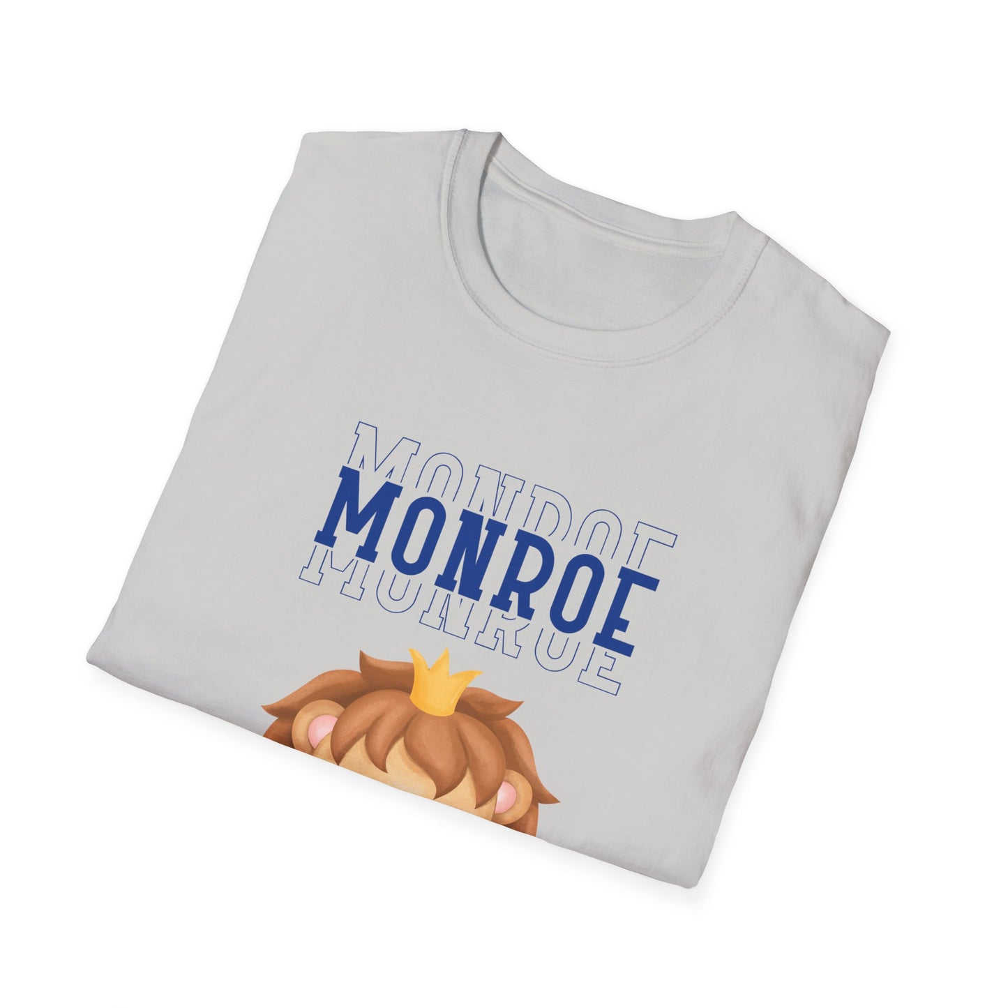 Triple Monroe Blue Lettering Cute Lion Wearing Crown Softstyle T-Shirt: Adult Unisex