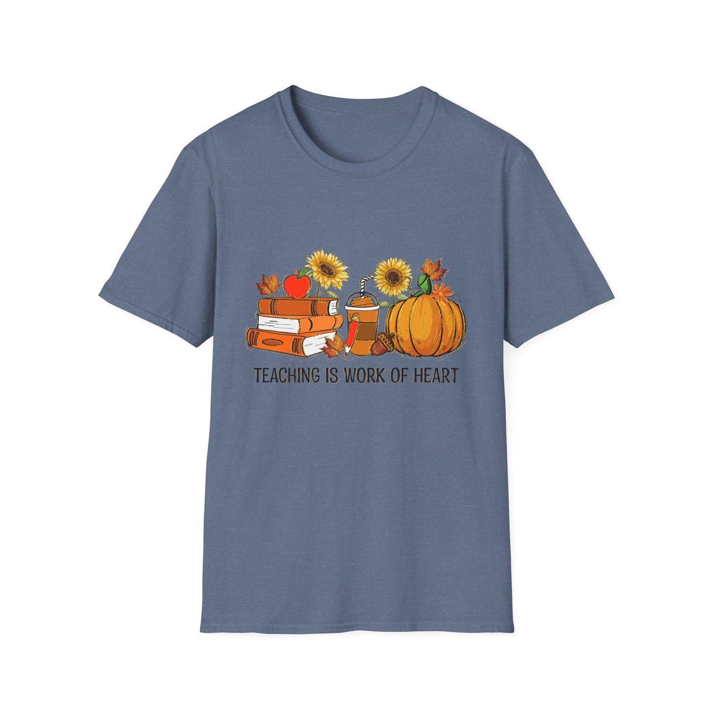 "Teaching is Work of Heart" Fall Teacher Unisex Softstyle T-Shirt - Pumpkin and Sunflower Design for Teachers