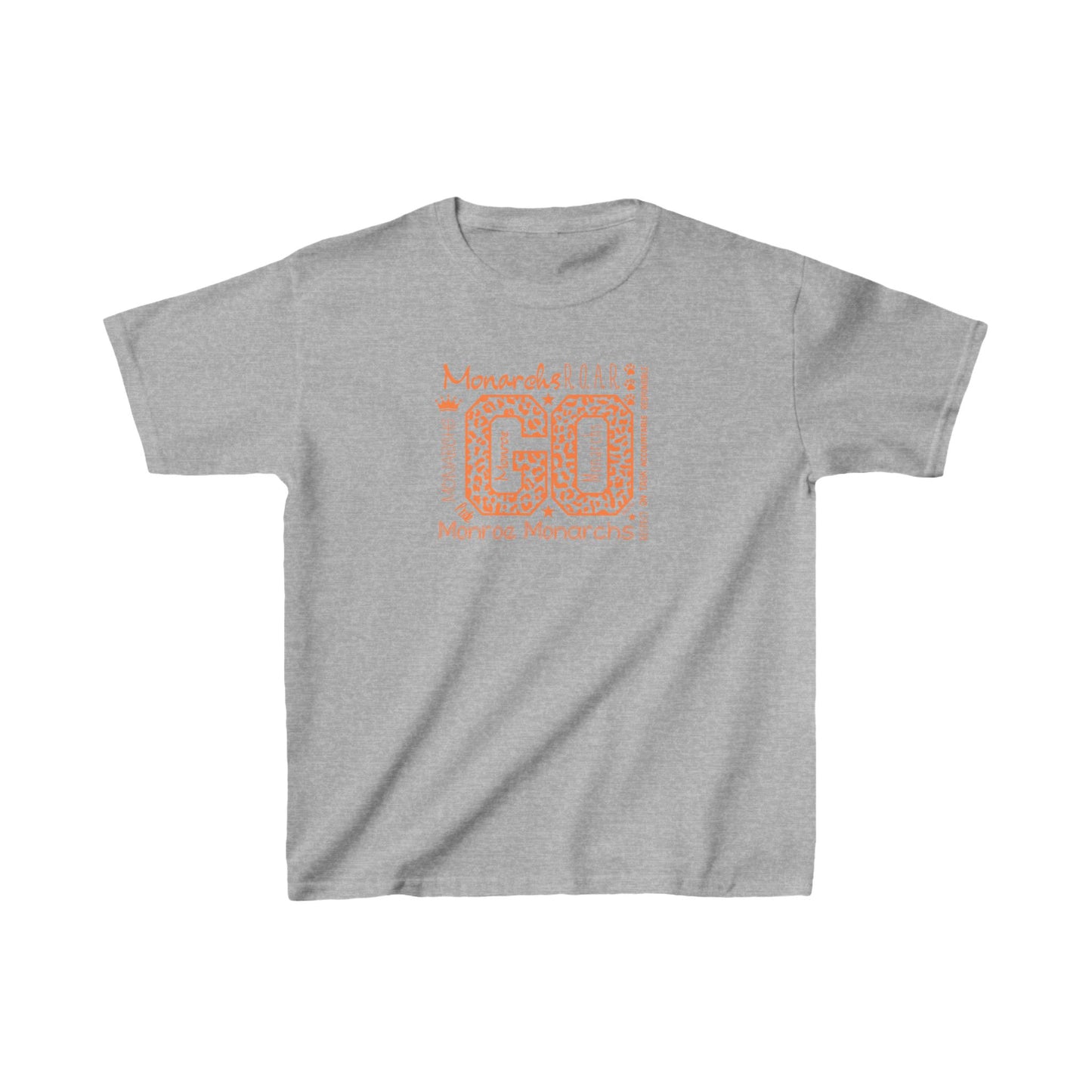 Kids Go Monarchs Orange Leopard Heavy Cotton Tee - Go Monroe Monarchs Cheer Shirt
