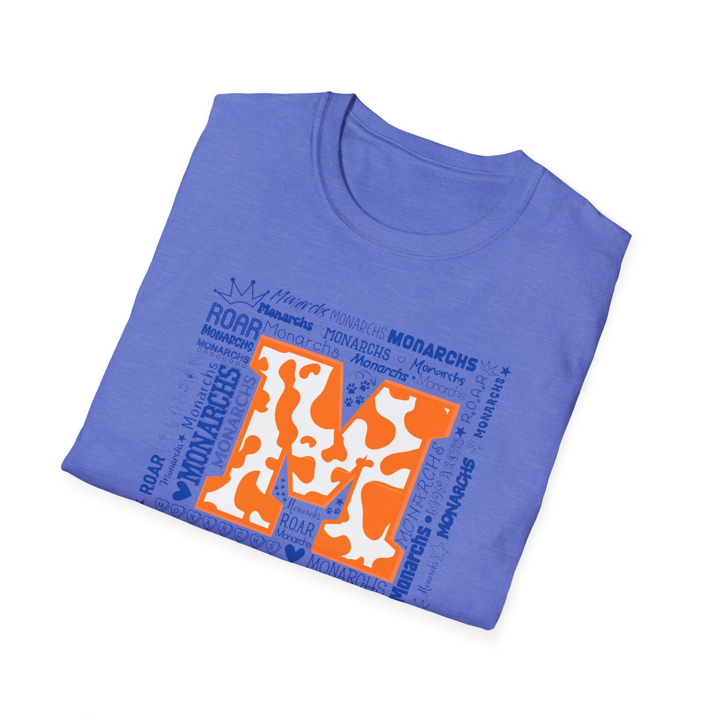 Orange Cow M Monarchs Unisex Softstyle T-Shirt with 'Monarchs Roar' Design - Perfect for School Spirit and Team Events