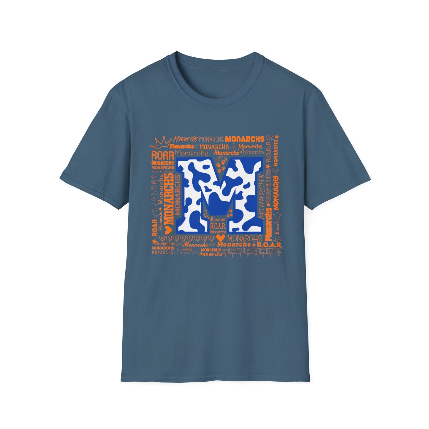 Blue Cow Print M Monarchs Unisex Softstyle T-Shirt - Monarchs Roar Graphic Tee for School Spirit
