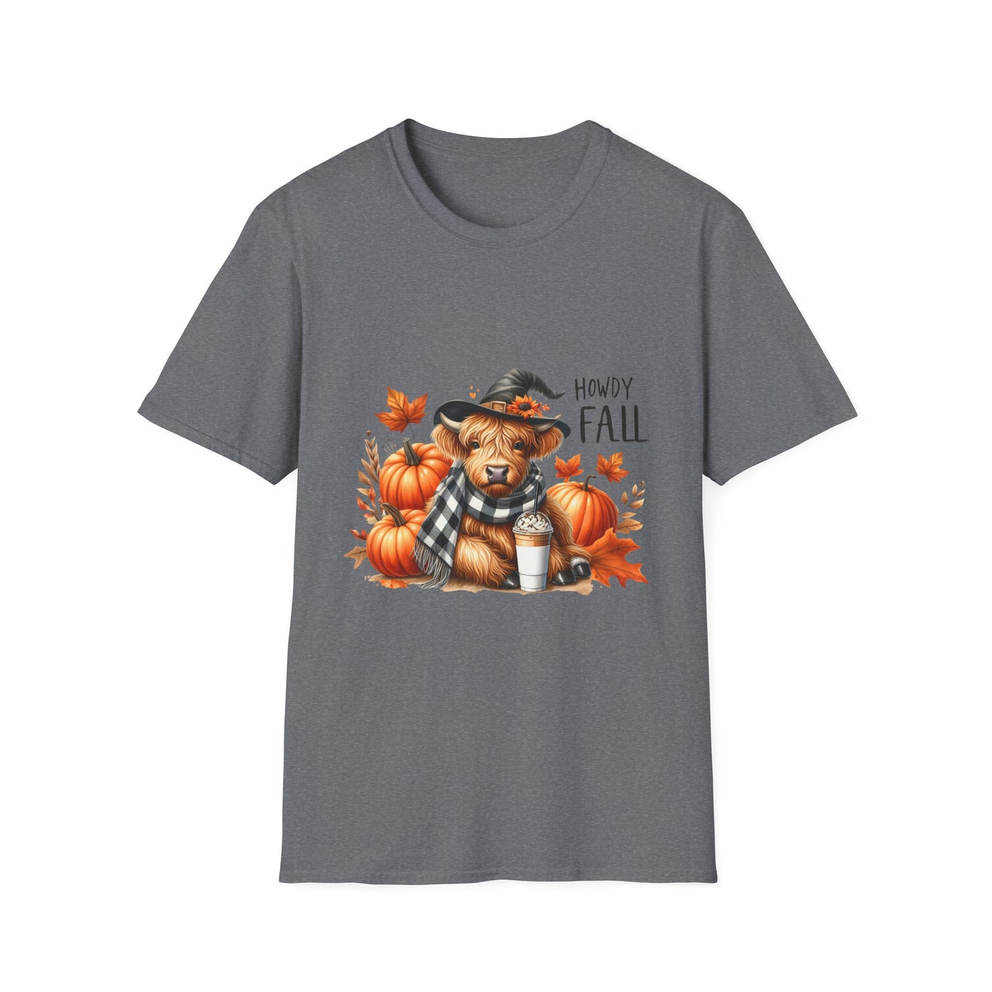 Howdy Fall-Themed Unisex T-Shirt with Cute Cow, Latte, and Pumpkin Design