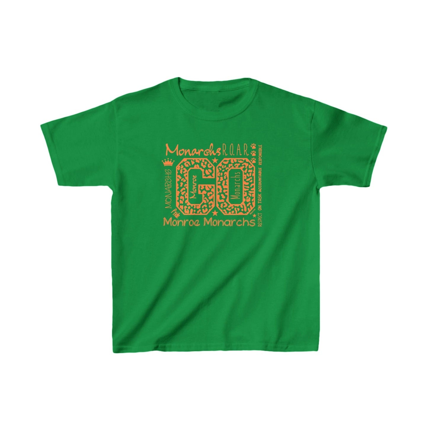 Kids Go Monarchs Orange Leopard Heavy Cotton Tee - Go Monroe Monarchs Cheer Shirt