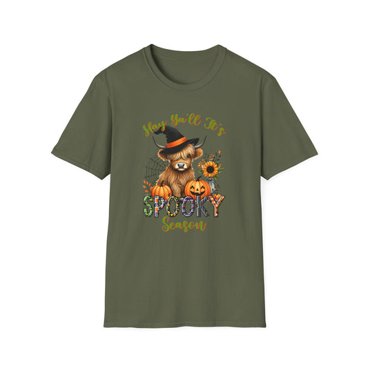 Hey Y'all It's Spooky Season Halloween Cow Unisex Softstyle T-Shirt - Perfect for Halloween Celebrations