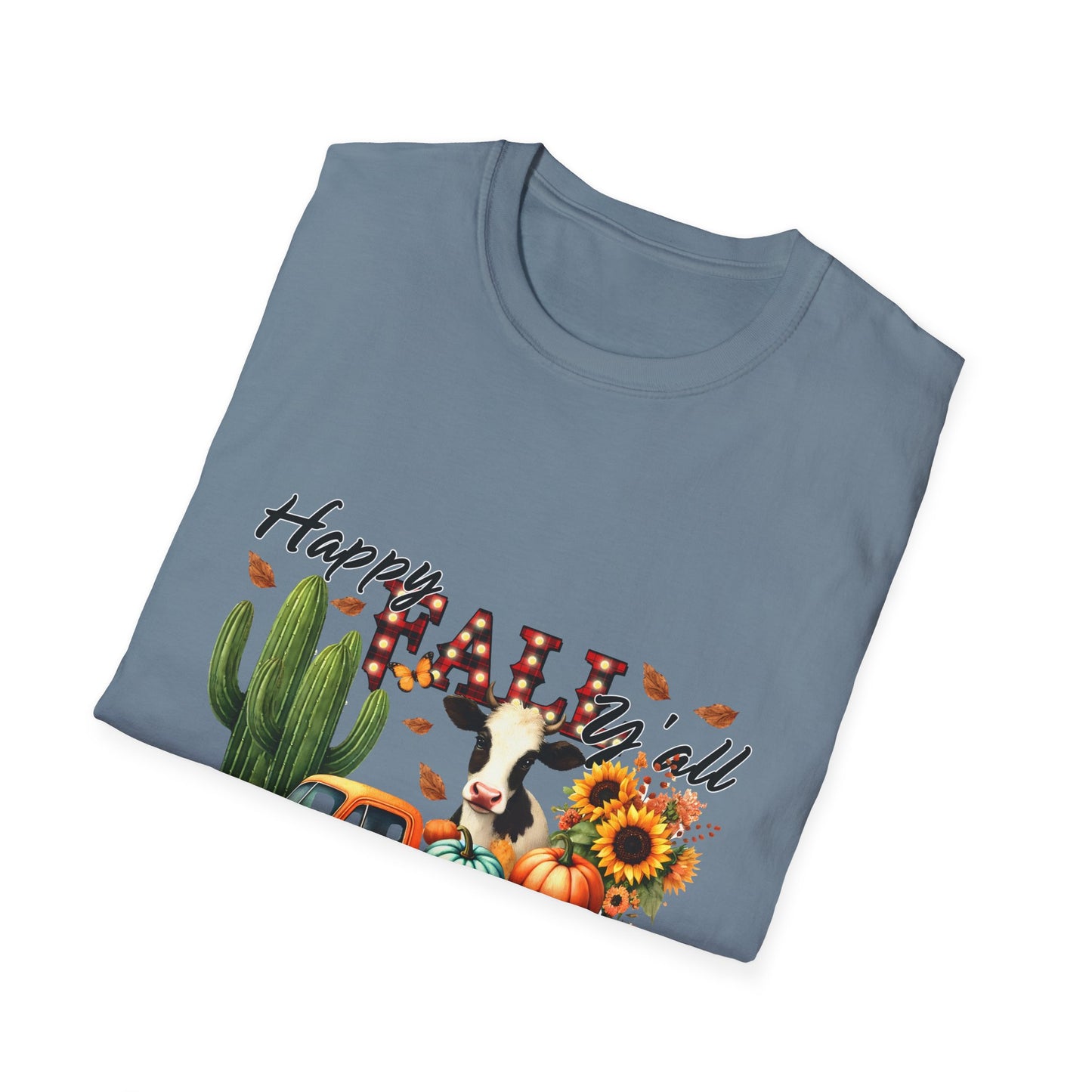 Happy Fall Y'all Unisex Softstyle Cow. FarmT-Shirt - Autumn Vibe Tee with Pumpkins and Sunflowers