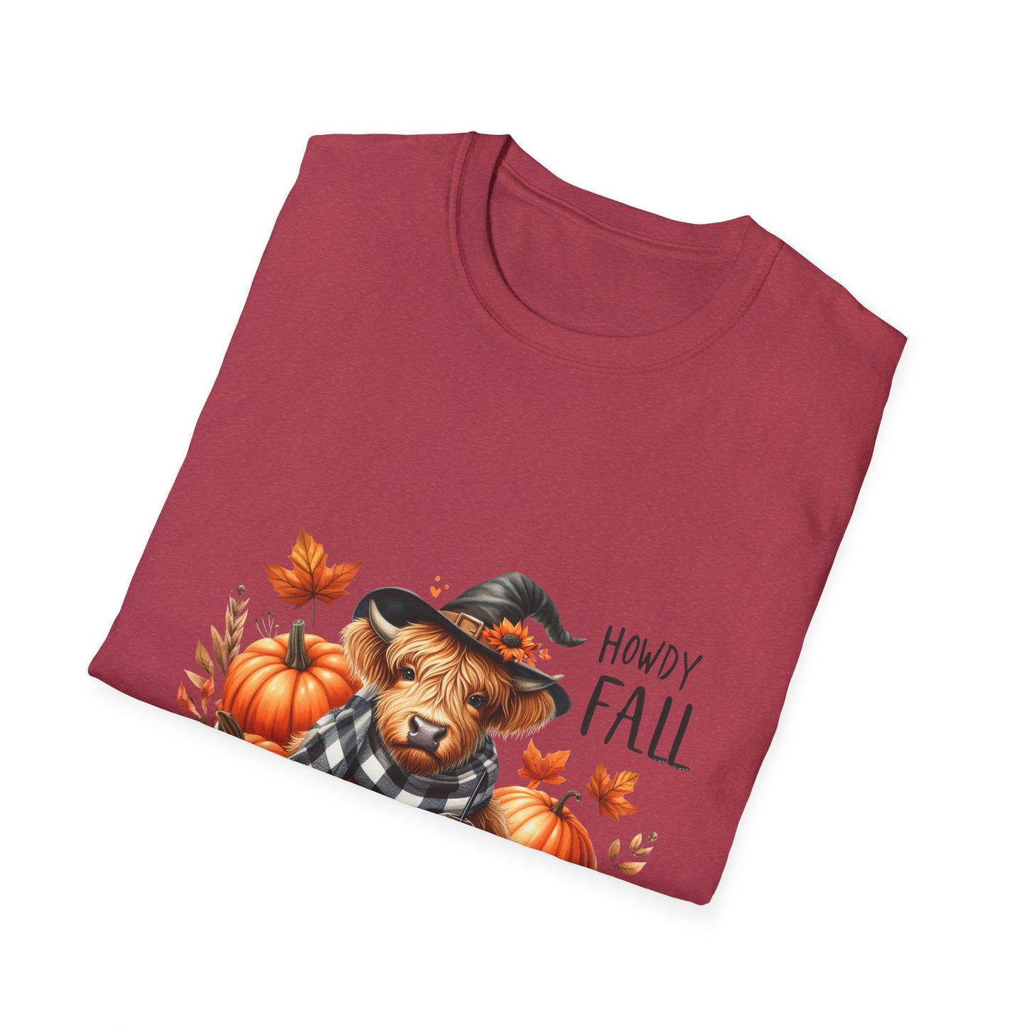 Howdy Fall-Themed Unisex T-Shirt with Cute Cow, Latte, and Pumpkin Design