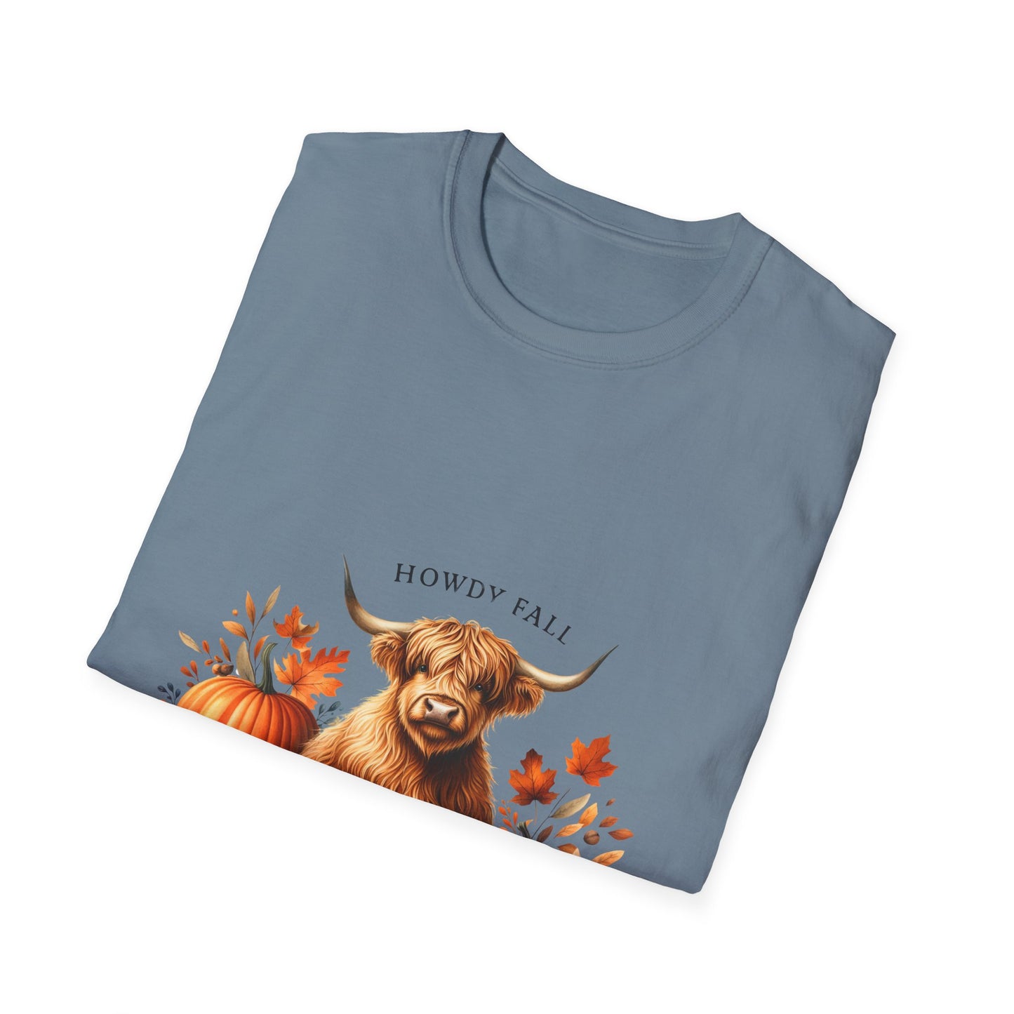 Howdy Fall-Themed Highland Cow Unisex T-Shirt - Cute Pumpkin Design