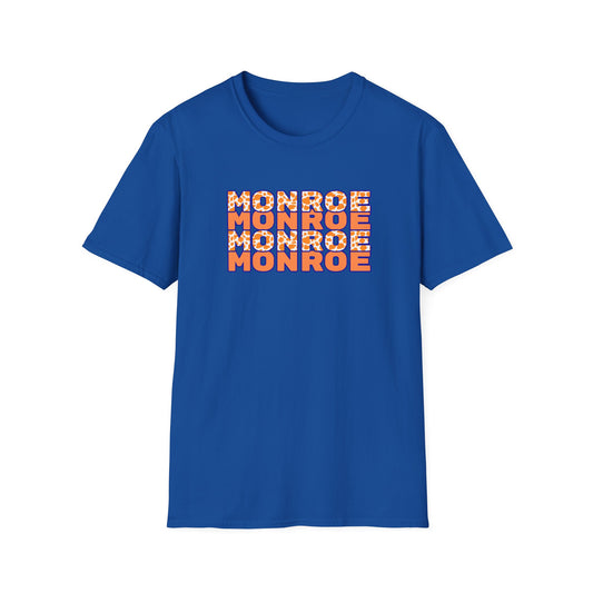 Monroe Cow Print Orange Graphic Unisex Softstyle T-Shirt - Casual Blue Tee for Every Occasion