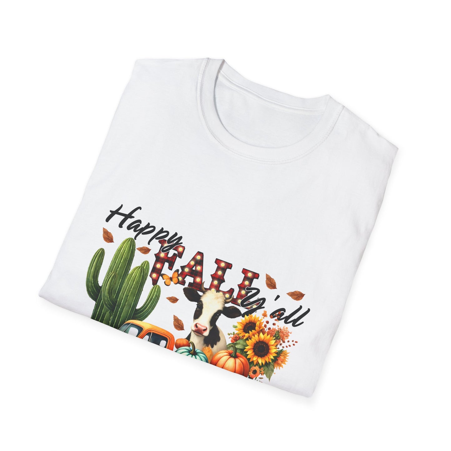 Happy Fall Y'all Unisex Softstyle Cow. FarmT-Shirt - Autumn Vibe Tee with Pumpkins and Sunflowers